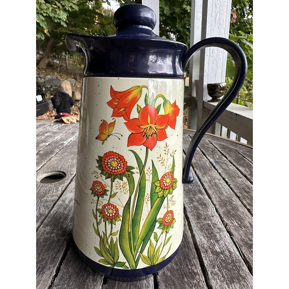 Vintage BOHO 1970s Interpur Insulated Carafe Plastic Navy Blue & Orange Flowers